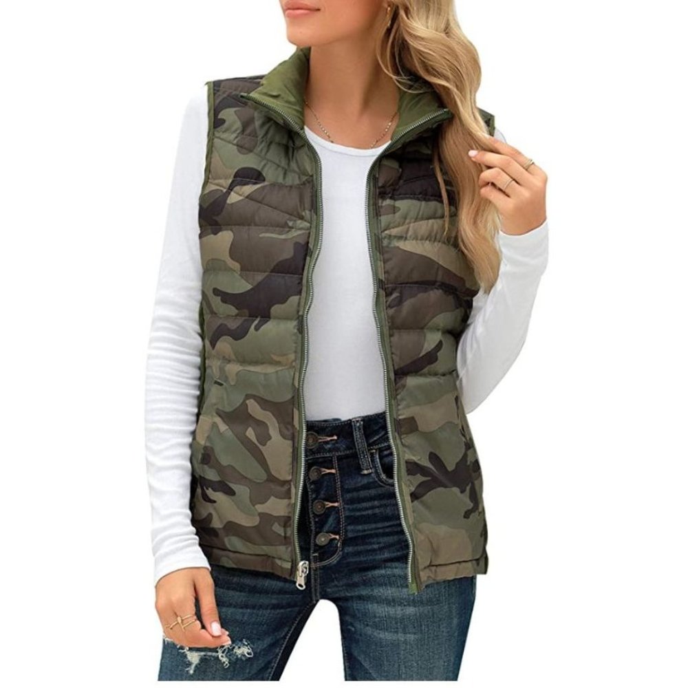 Women's Puffer Lightweight Reverse Green Camo Vest Zip Quilted Size L B10-12